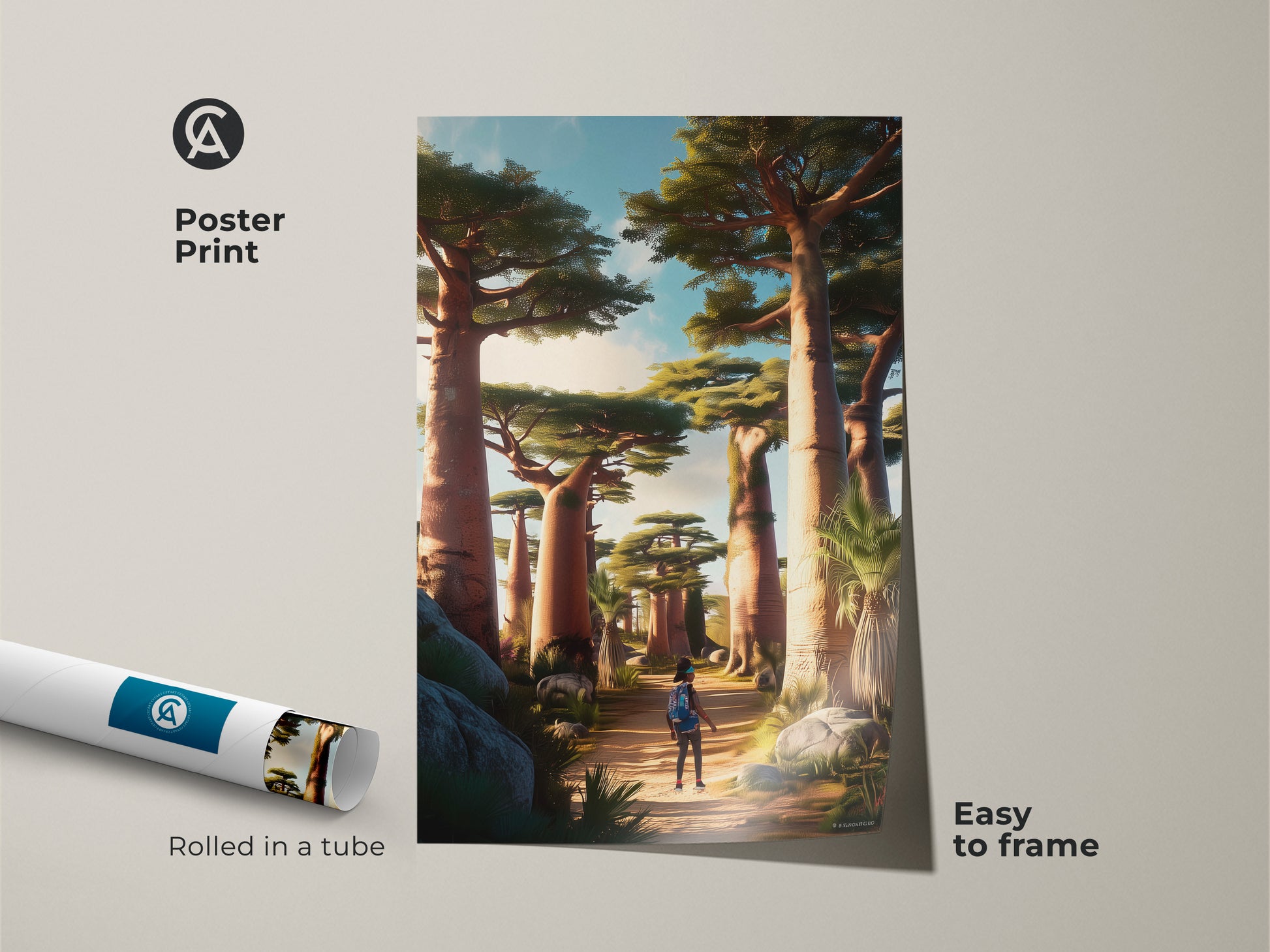 Poster Print showcasing African Baobab Trees. The earth tone landscape art features a traveler along a green tree path. This digital painting comes rolled in a tube and is easy to frame. A housewarming travel gift.