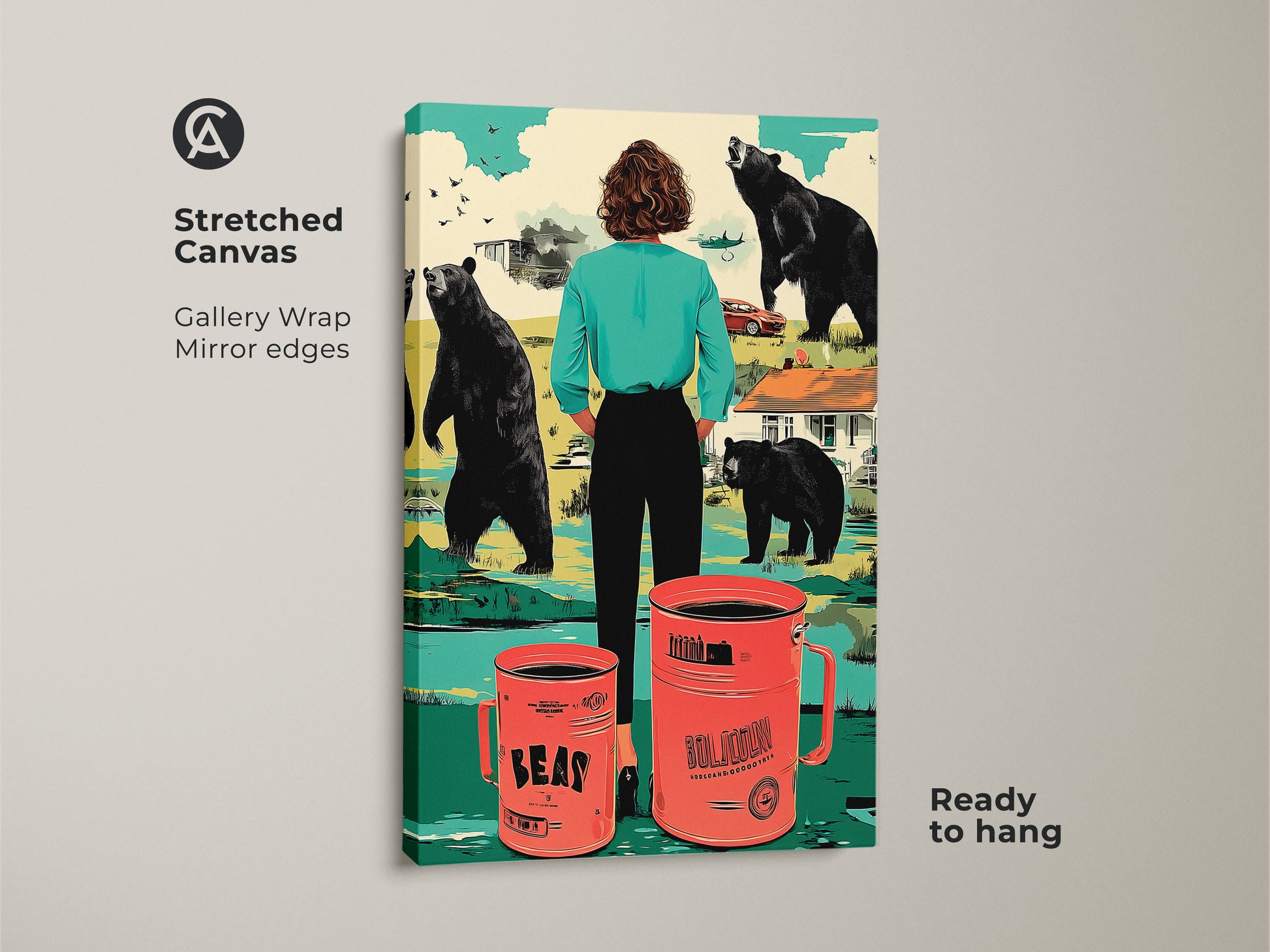 This stretched canvas gallery wrap features surreal bear and coffee mug artwork. Mirror edges enhance the retro-style art. The teal and orange decor make it a perfect housewarming gift for coffee lovers. The eclectic wall decor will add a unique touch to entry halls.