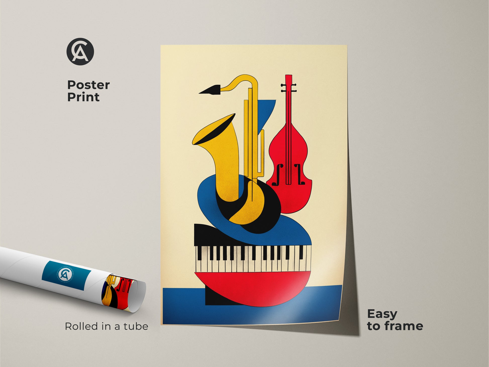 Poster print of abstract geometric music art featuring saxophone violin and piano. This Bauhaus style artwork uses yellow red and blue elements. An ideal mid century modern print for easy framing and versatile home decor.