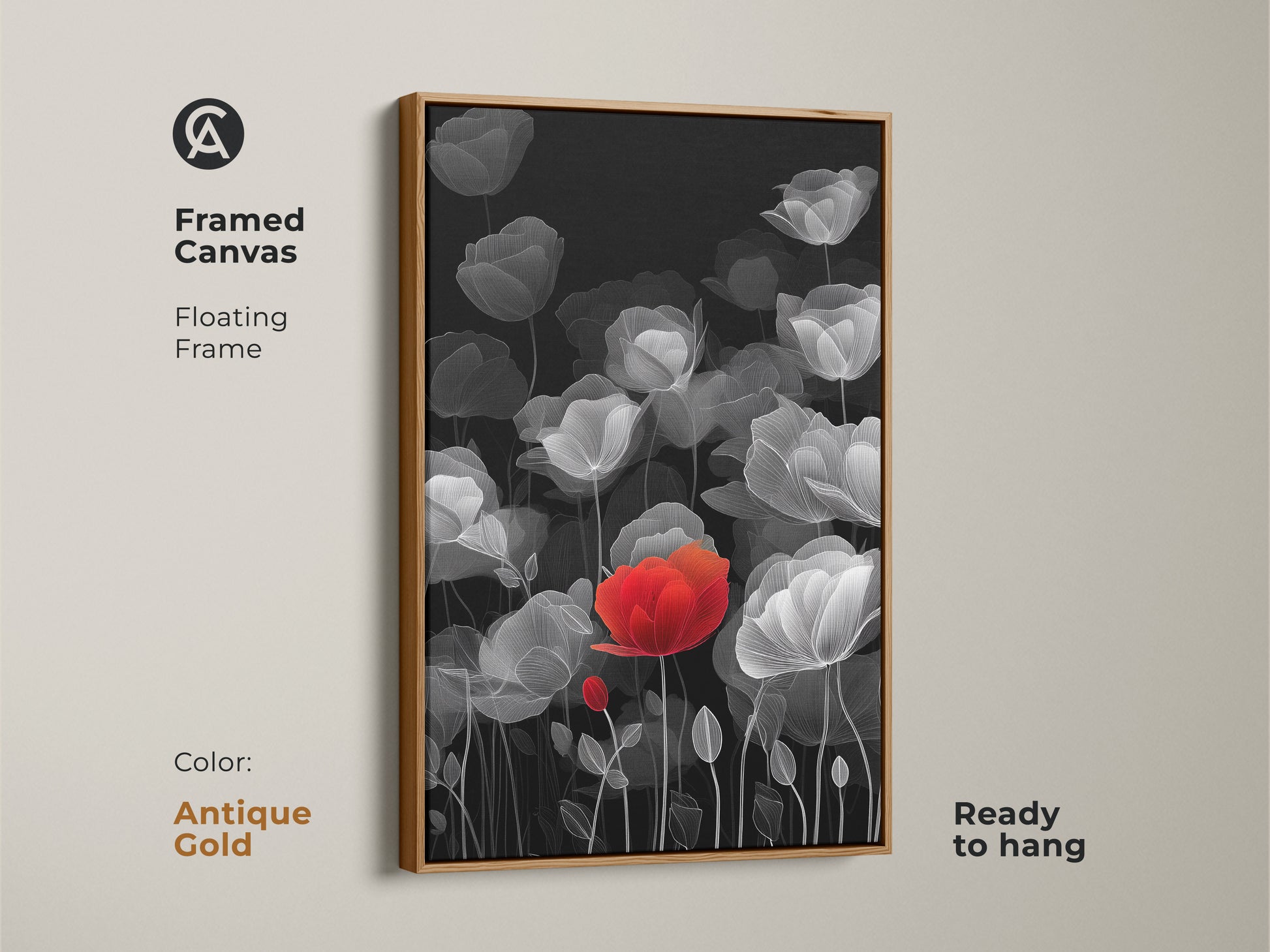 Framed Canvas with an antique gold floating frame. This displays modern botanical artwork. The red poppy line art creates a striking contrast. It is on a black and white floral canvas. This minimalist floral wall art adds elegance. It's ready to hang. A sophisticated wall art choice for any room.