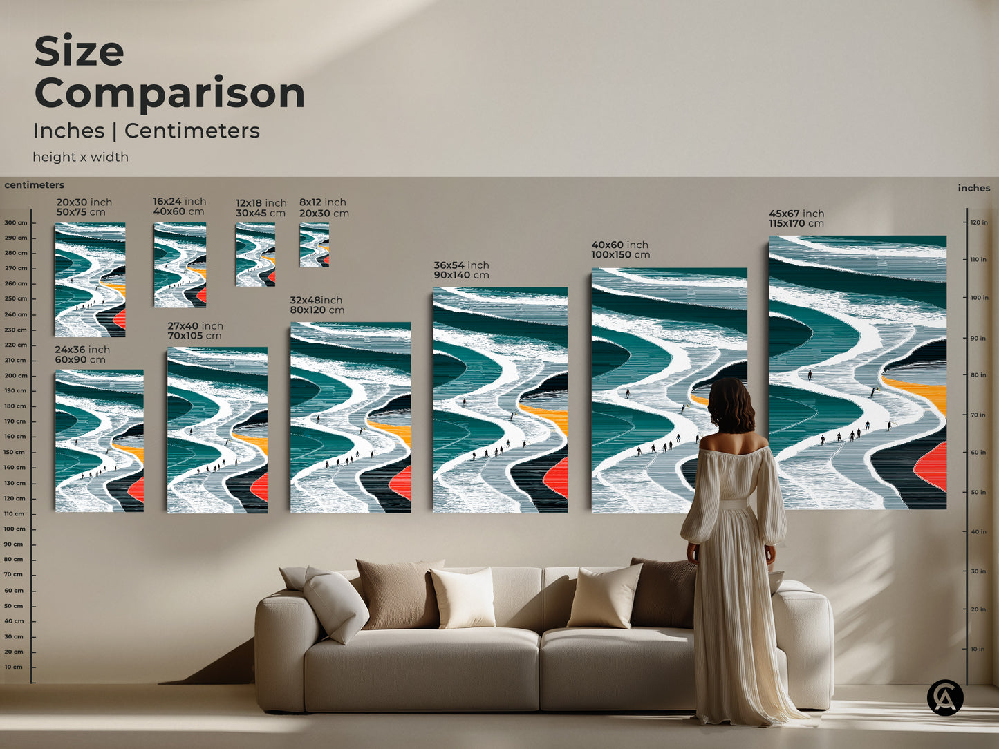Size Comparison of Abstract Snowboarder Canvas Prints in inches and centimeters. Range from 8x12 inches to 45x67 inches. A woman in a dress stands next to a couch to help illustrate size differences of canvas and poster prints. Perfect for visualizing the art in a living space. The minimalist teal and white artwork makes a perfect focal point.
