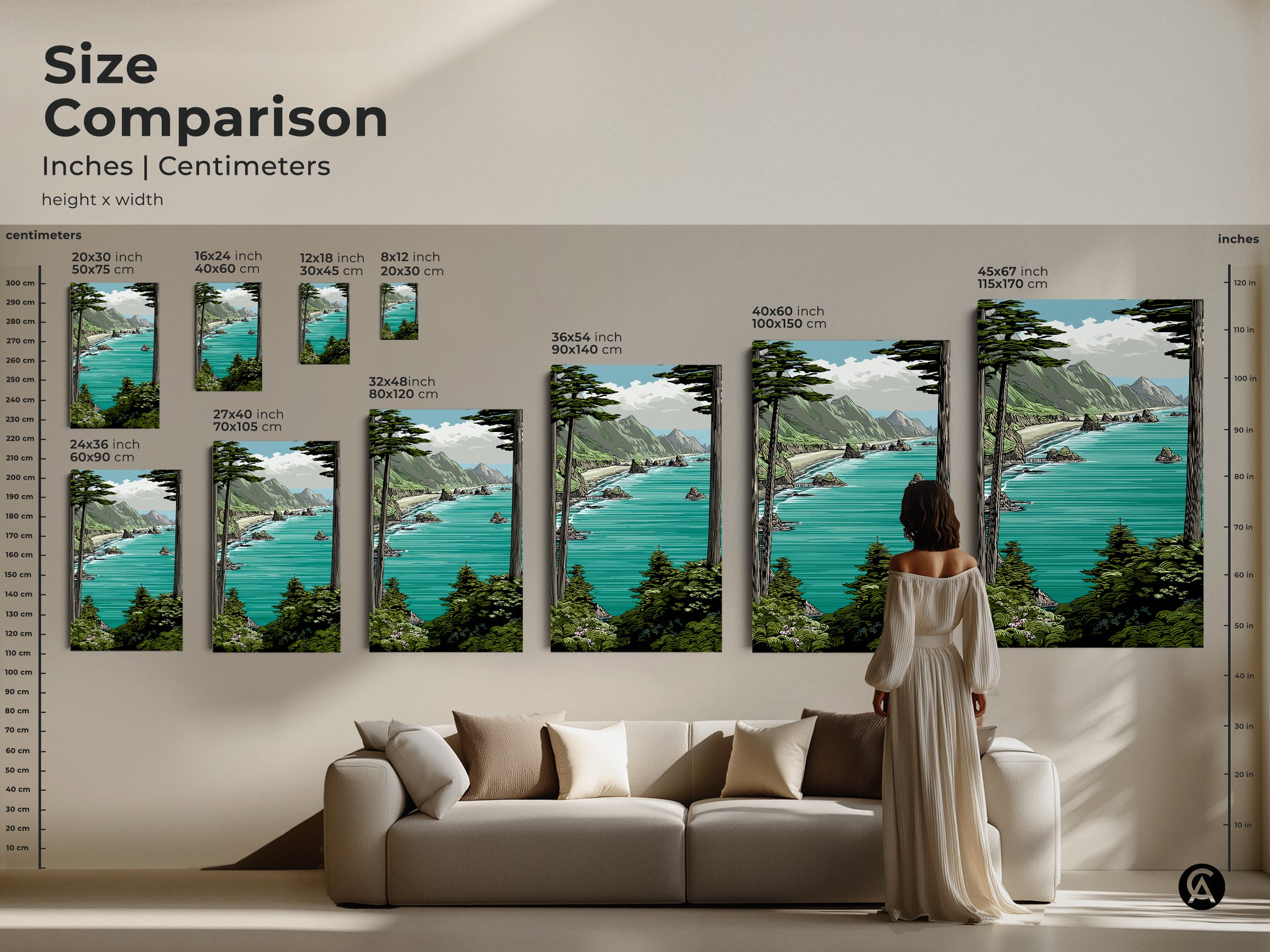 Size comparison of teal aqua mountain coastal art prints. See how different sizes fit above a sofa providing a visual guide for selecting the perfect artwork for your space. Ideal coastal living room canvas.