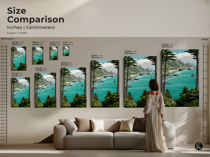 Size comparison of teal aqua mountain coastal art prints. See how different sizes fit above a sofa providing a visual guide for selecting the perfect artwork for your space. Ideal coastal living room canvas.