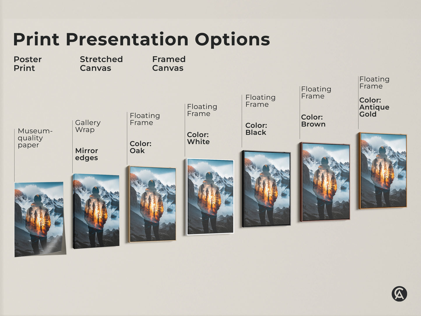 Explore print presentation options for double exposure wall art. Choose from poster stretched canvas or framed canvas prints. The mountain forest landscape adds serene nature to any space. Perfect for those seeking unique double exposure nature art.