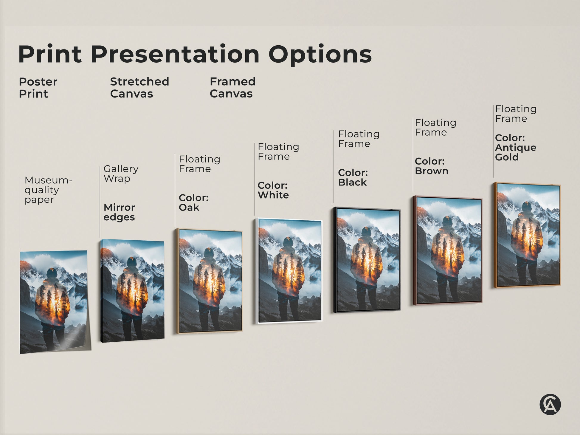 Explore print presentation options for double exposure wall art. Choose from poster stretched canvas or framed canvas prints. The mountain forest landscape adds serene nature to any space. Perfect for those seeking unique double exposure nature art.