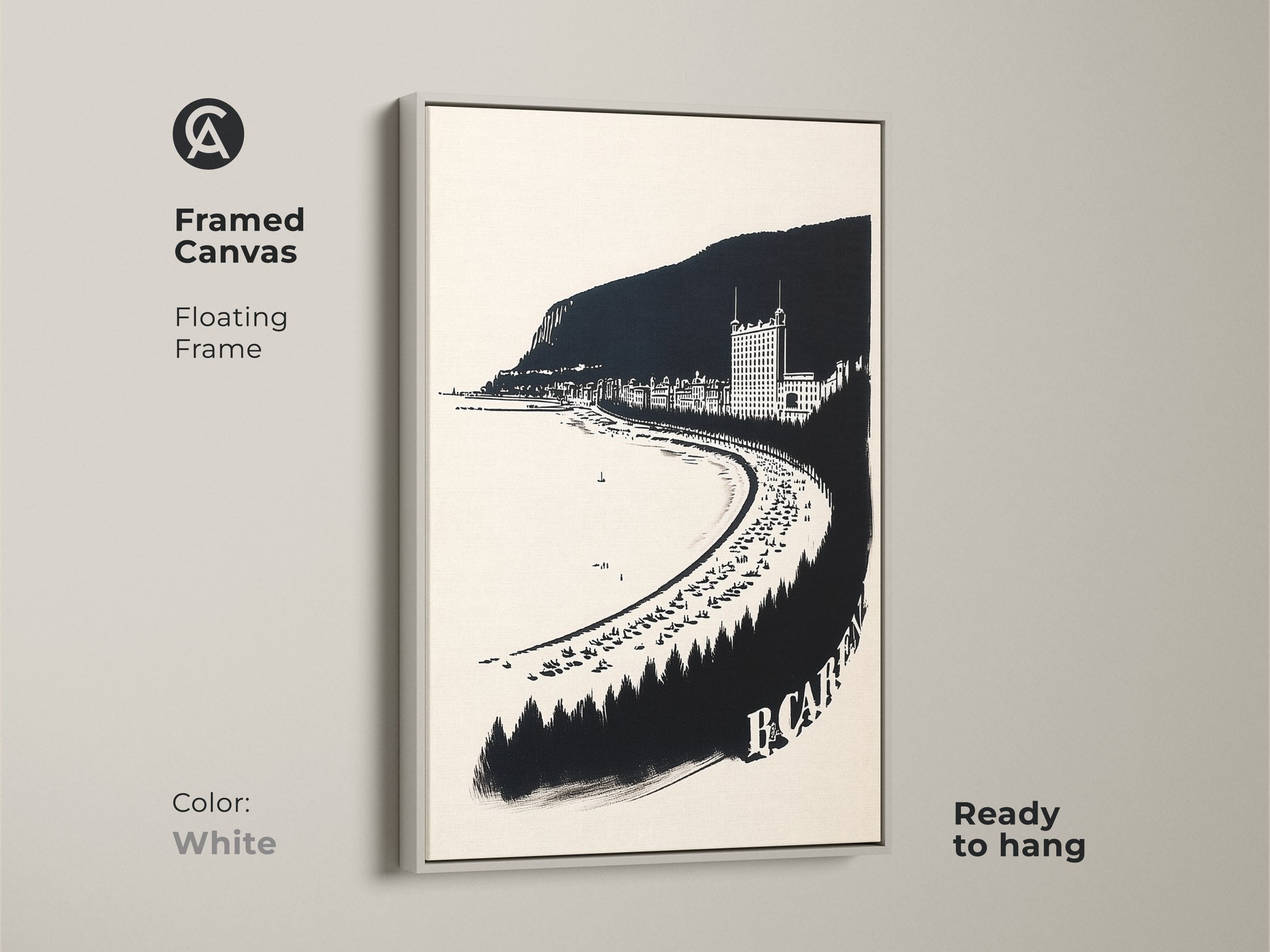Framed canvas of a vintage coastal town. Monochrome seaside town is a neutral beach art print. Features a floating frame with white color. This graphic coastal landscape is ready to hang.