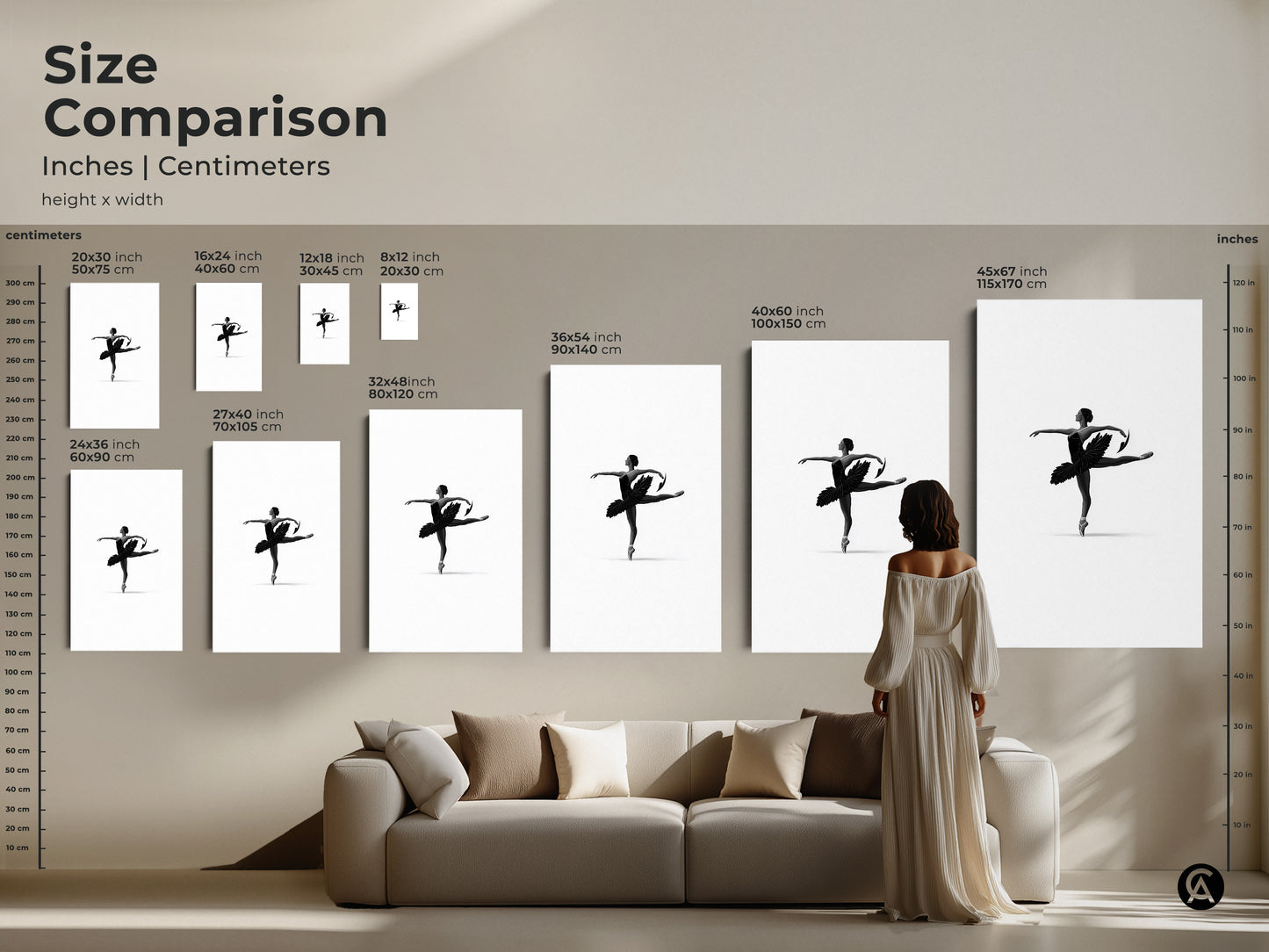 Size comparison of minimalist ballerina art in inches and centimeters. See how each canvas or poster size fits above a sofa. Ranging from 20x30 cm to 45x67 inches. Black white ballet decor to enhance your living space.
