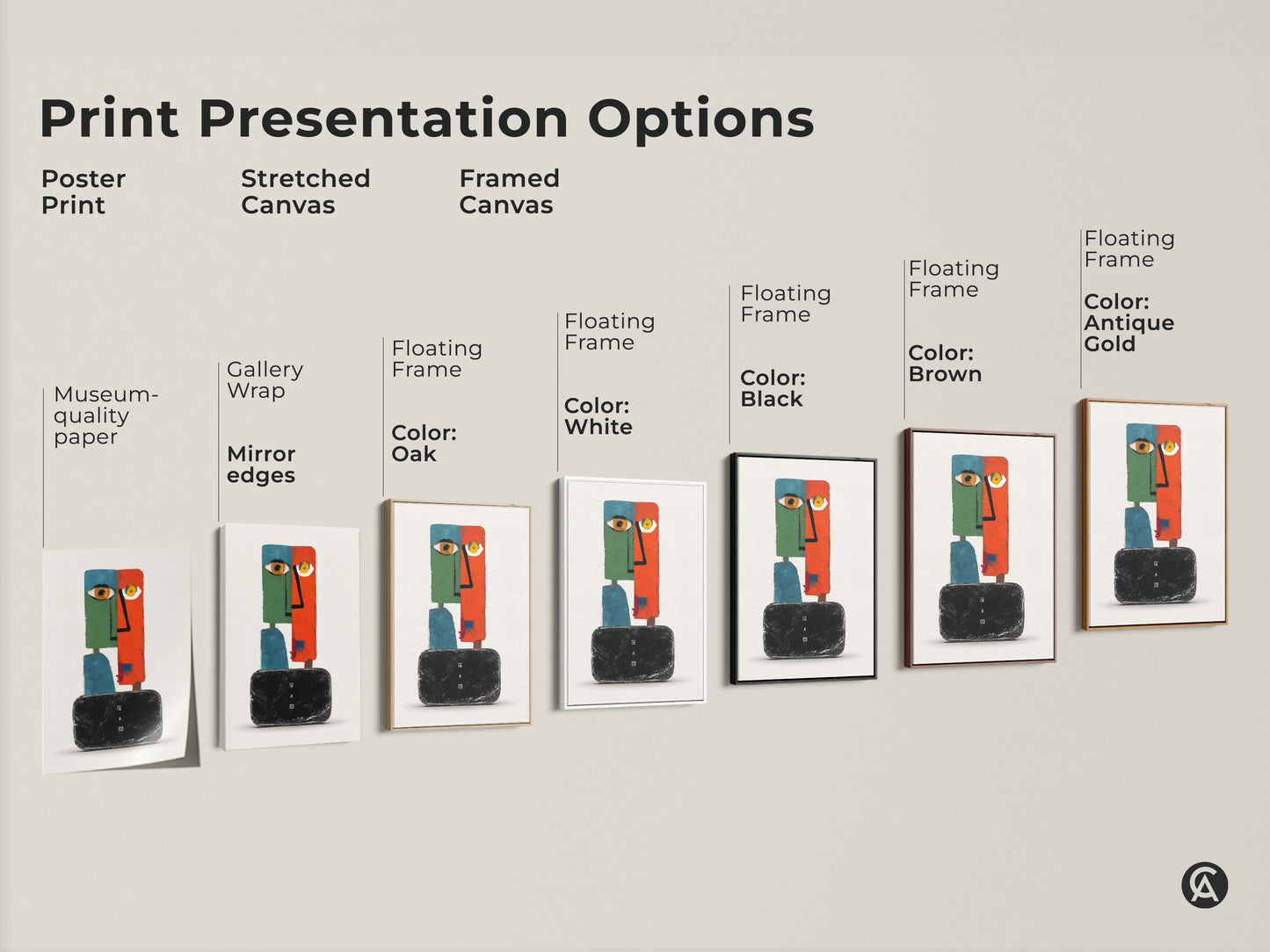Explore print presentation options for this modern abstract face art. Choose from poster prints stretched canvas and framed canvas. Each option enhances the surreal wall decor. The eclectic orange green teal artwork is perfect for any room. Find the ideal style for your unique home decor.