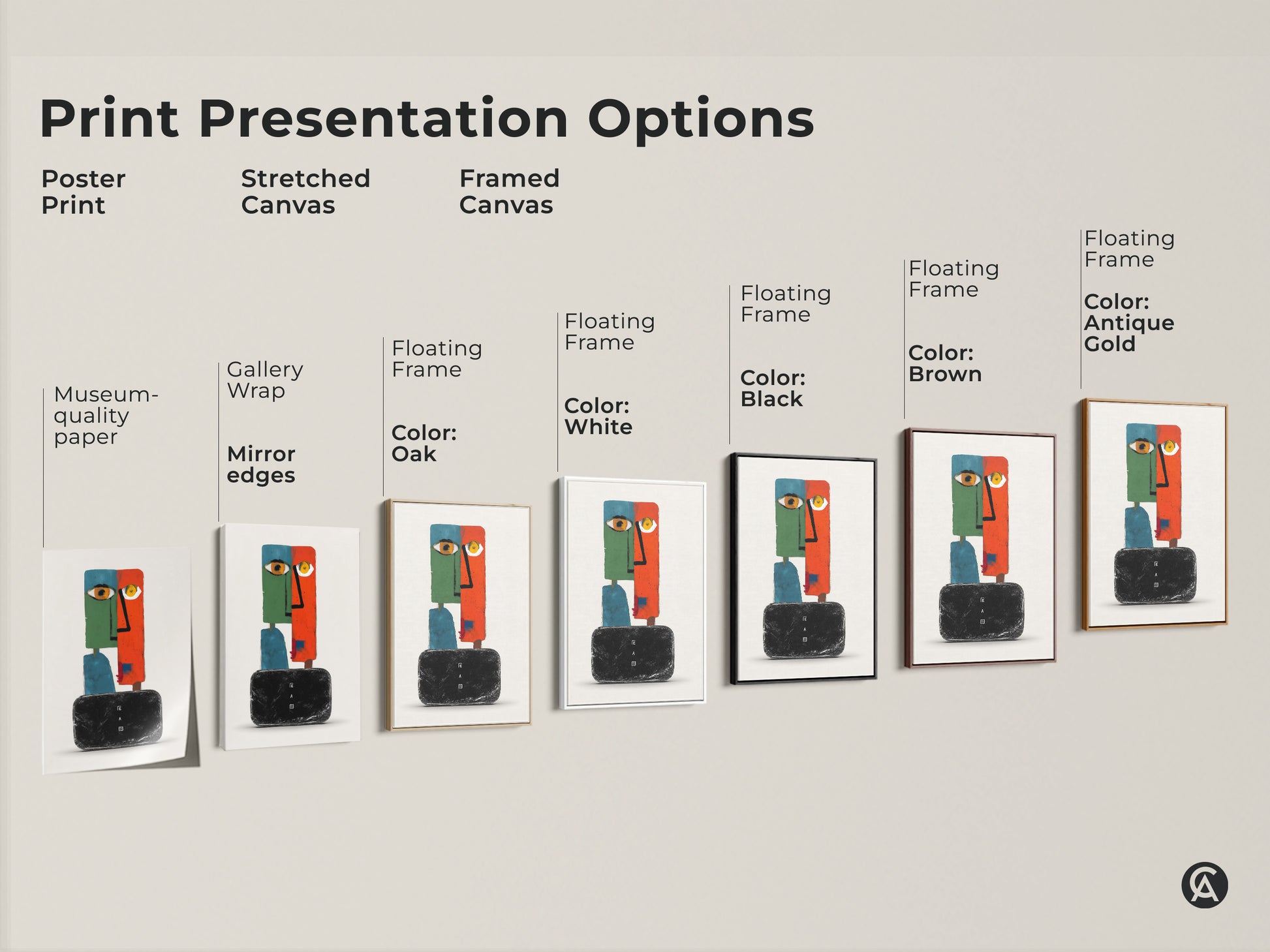 Explore print presentation options for this modern abstract face art. Choose from poster prints stretched canvas and framed canvas. Each option enhances the surreal wall decor. The eclectic orange green teal artwork is perfect for any room. Find the ideal style for your unique home decor.