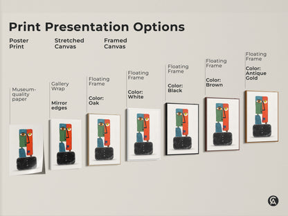 Explore print presentation options for this modern abstract face art. Choose from poster prints stretched canvas and framed canvas. Each option enhances the surreal wall decor. The eclectic orange green teal artwork is perfect for any room. Find the ideal style for your unique home decor.
