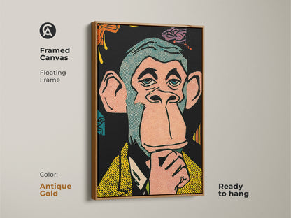 Framed canvas art of a Bored Ape NFT. The antique gold floating frame brings elegance to the piece. A unique piece for any art lover. Ready to hang this canvas art is a great addition to your collection.