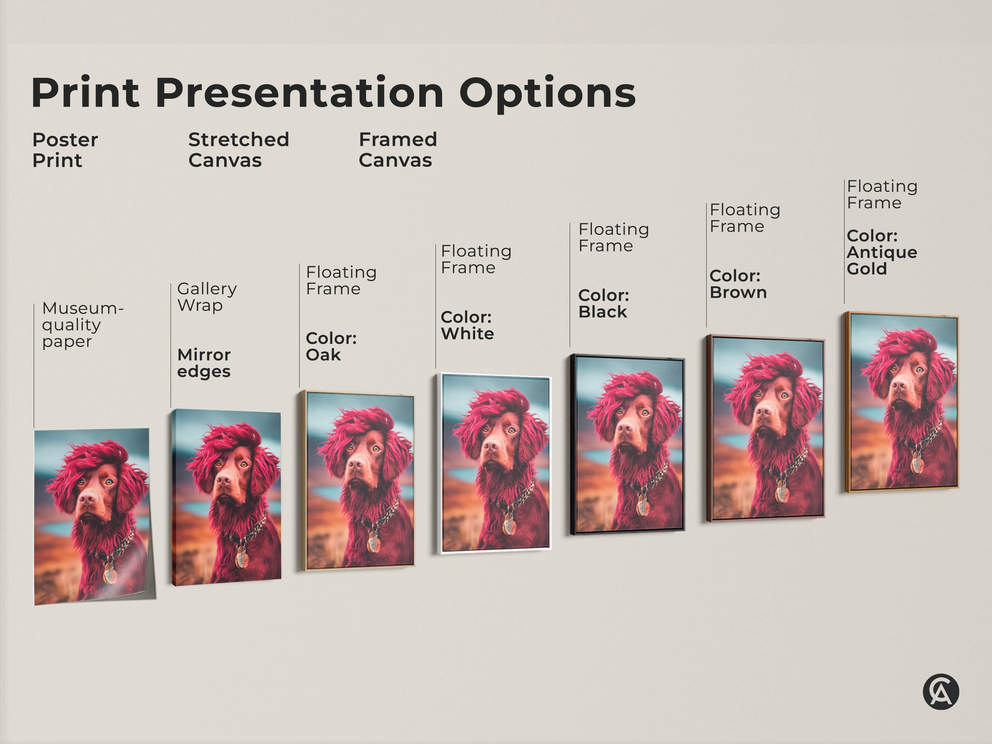 Print presentation options for an eclectic dog art print. Options include poster print stretched canvas and framed canvas. Frame colors include Oak White Black Brown Antique Gold. The stylized portrait features a brown dog with red hair.