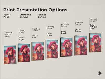 Print presentation options for an eclectic dog art print. Options include poster print stretched canvas and framed canvas. Frame colors include Oak White Black Brown Antique Gold. The stylized portrait features a brown dog with red hair.