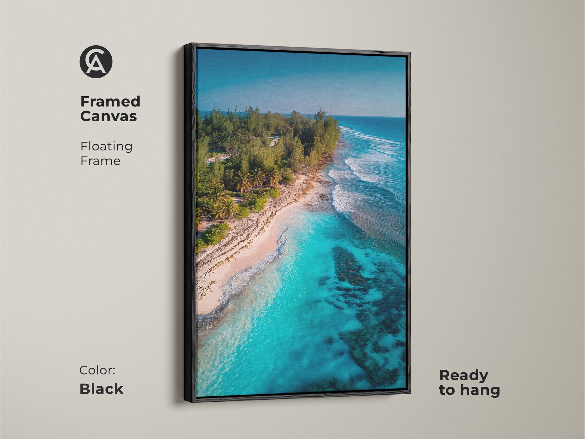 Framed canvas artwork depicting a tropical beach with turquoise waters and lush greenery. The black floating frame enhances the vibrant colors. Ready to hang this art piece brings a touch of paradise to your walls. Perfect for coastal themed decor.