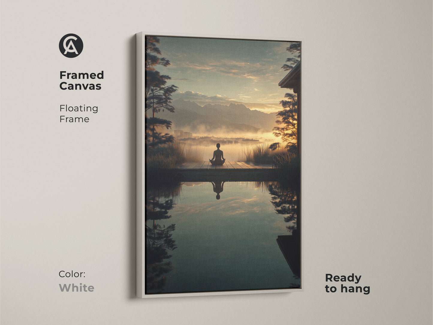 Framed Canvas of a Zen Mountain Landscape in a white floating frame. This yoga meditation wall art brings spiritual nature to your home. The yoga pose silhouette and calming colors create a peaceful space. Ready to hang for instant mindful decor.