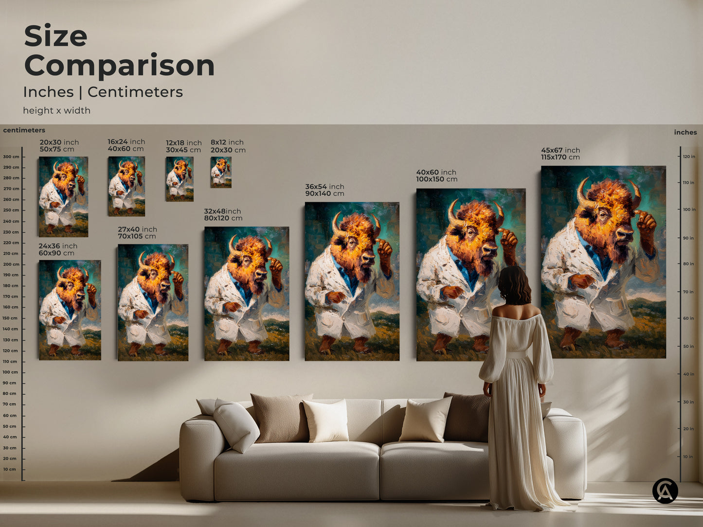 Size comparison of the buffalo head figure in a lab coat artwork. Visualize how different sizes fit in your space. The artwork is available in inches and centimeters. Choose the perfect size for your decor needs.