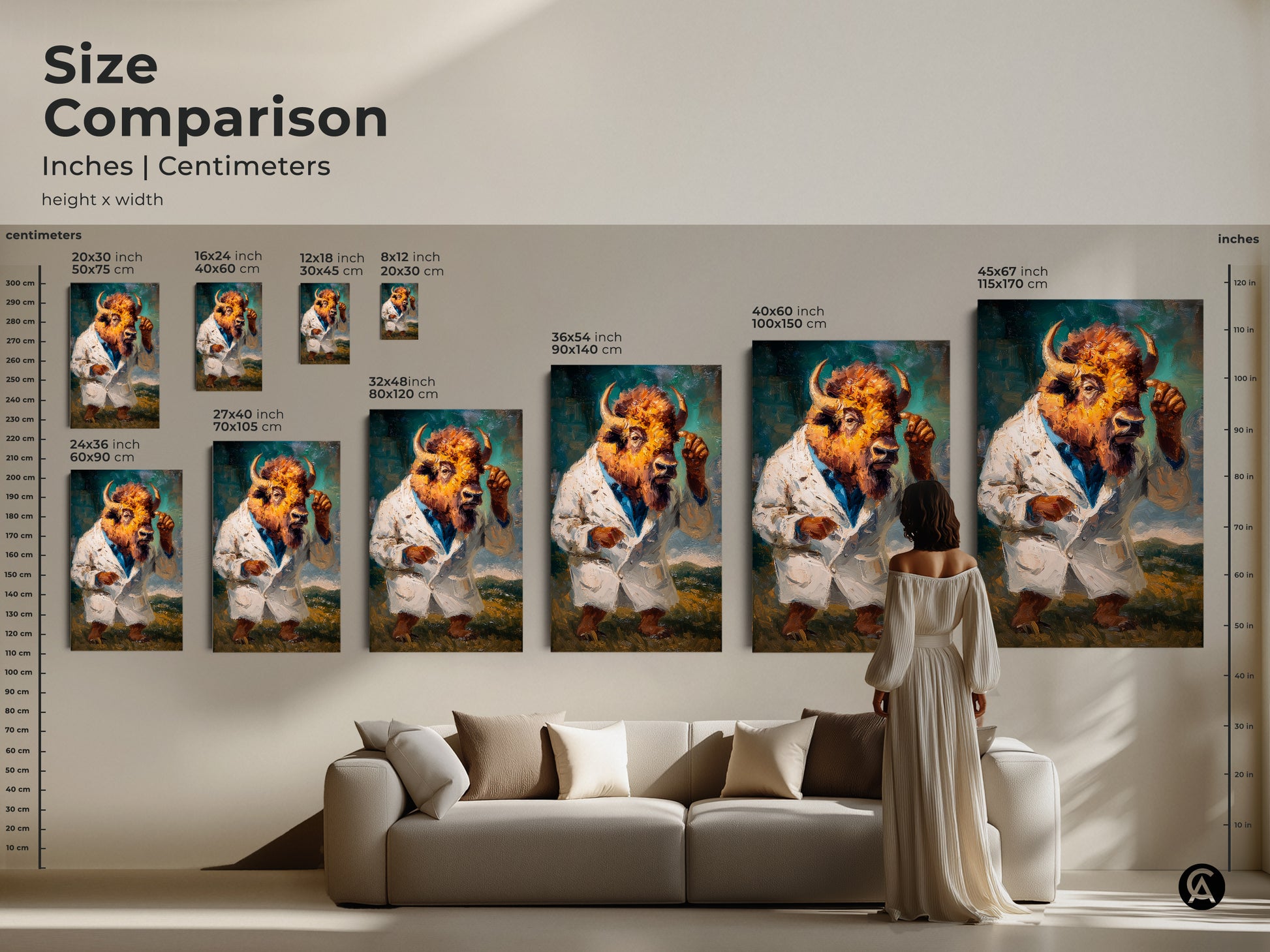 Size comparison of the buffalo head figure in a lab coat artwork. Visualize how different sizes fit in your space. The artwork is available in inches and centimeters. Choose the perfect size for your decor needs.