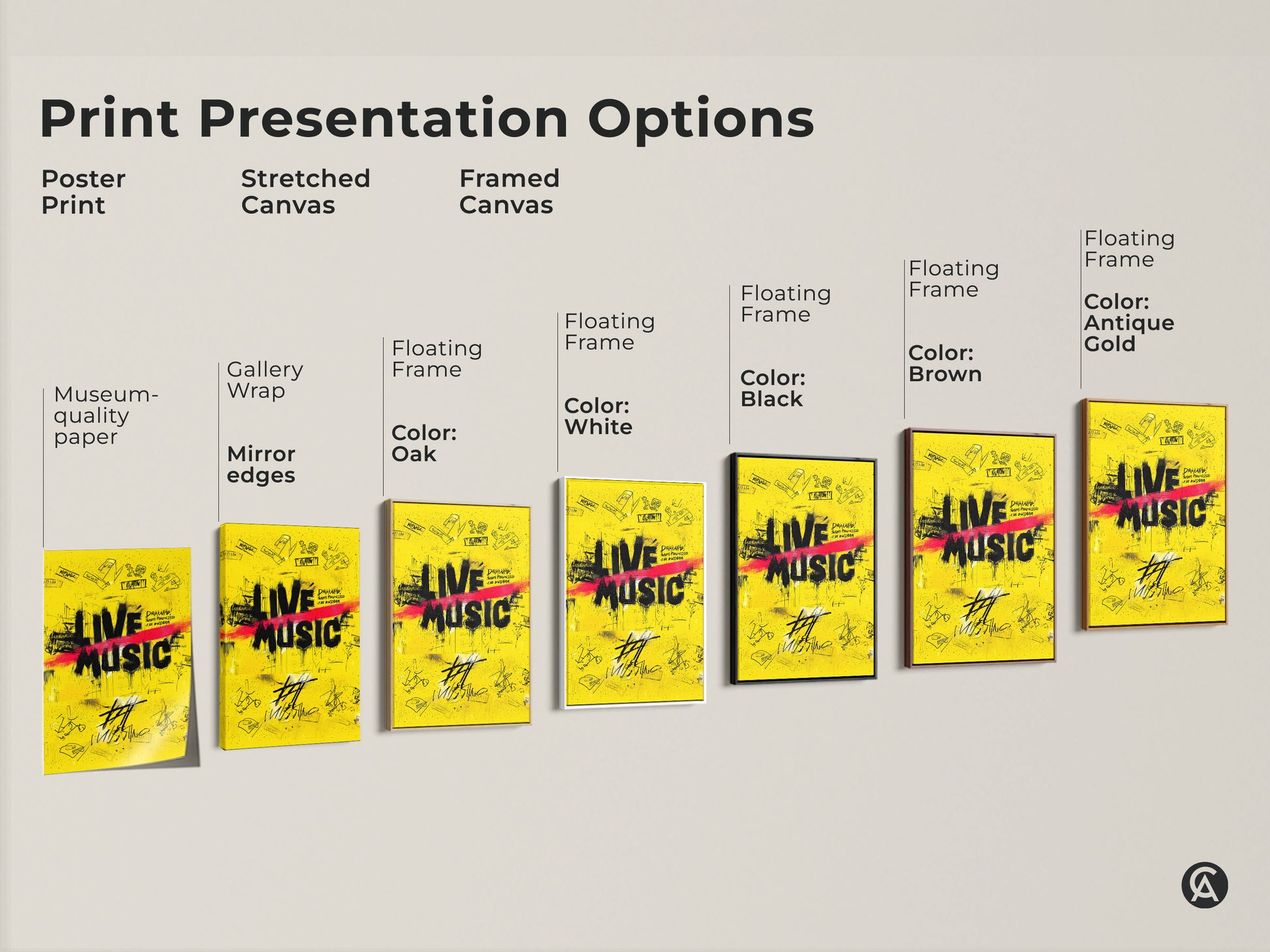 Print presentation options show the yellow graffiti art. Options include poster print stretched canvas and framed canvas. Frame colors are white black brown and antique gold. Pick the perfect style for your space.