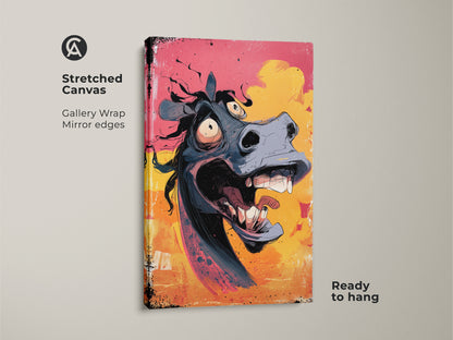 Stretched canvas of a funny cartoon horse print ready to hang. Gallery-wrapped with mirrored edges. This quirky animal artwork is a unique horse lover birthday gift. The pink and yellow hues bring life to any room. This eclectic animal artwork is a unique find.