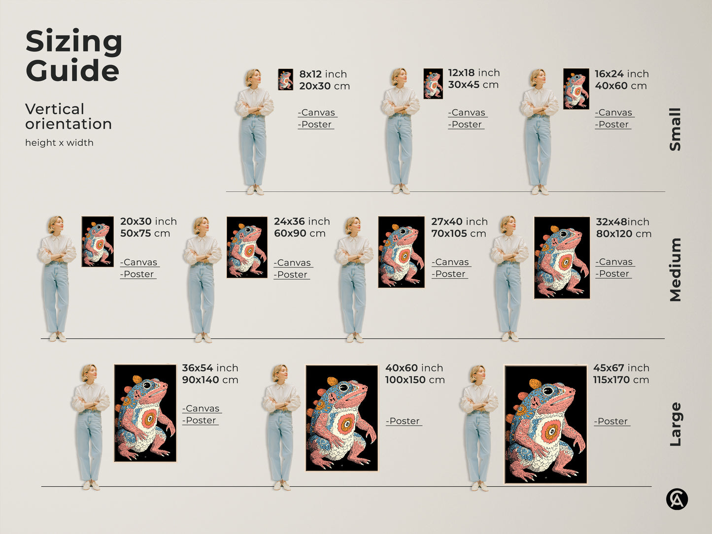 Sizing guide for vertical psychedelic frog artwork. Available in small medium and large sizes on canvas or poster. This retro creature print fits any space. The fantasy amphibian poster adds an eclectic touch. Find the perfect size for your unique wall art.