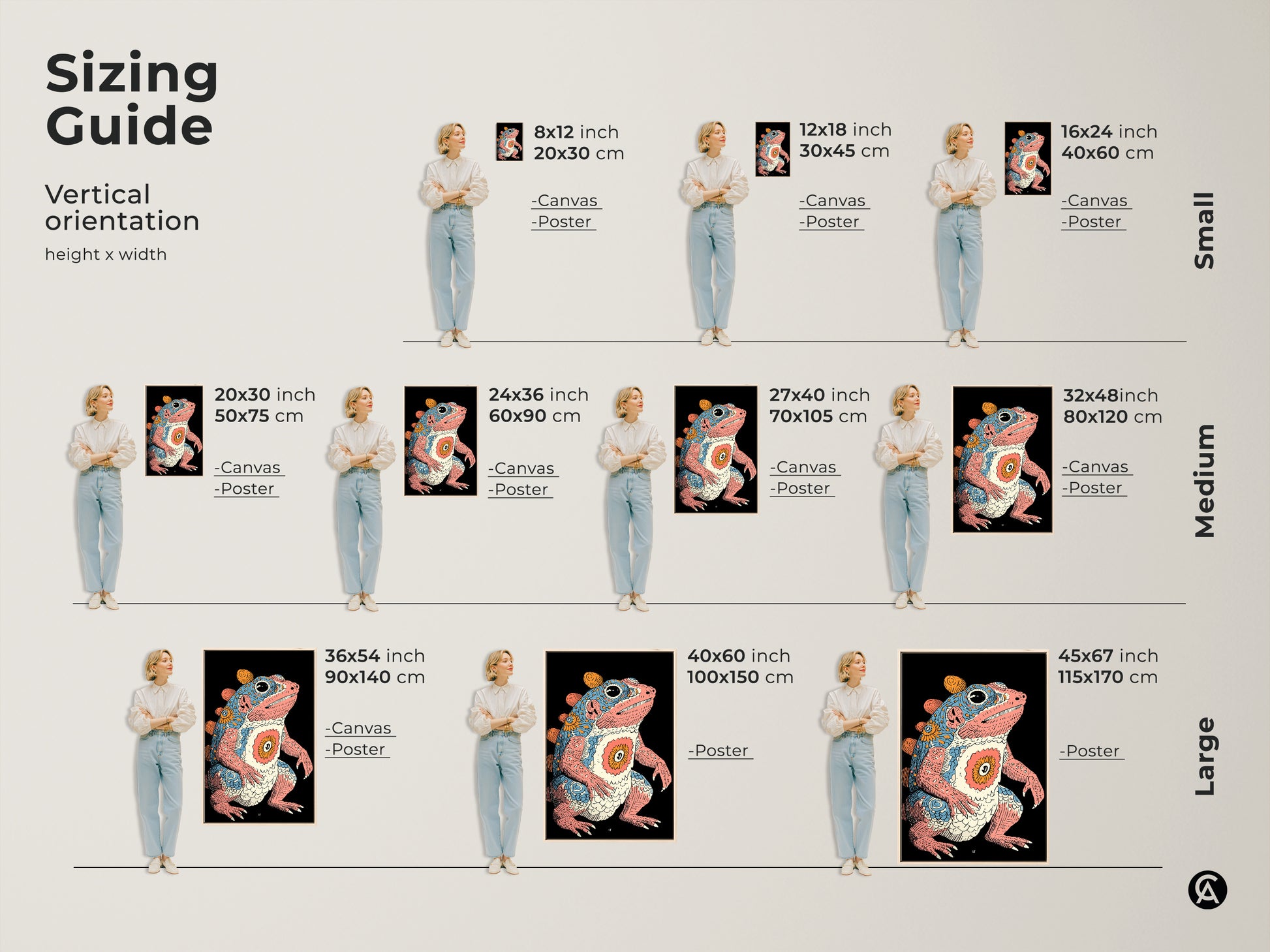 Sizing guide for vertical psychedelic frog artwork. Available in small medium and large sizes on canvas or poster. This retro creature print fits any space. The fantasy amphibian poster adds an eclectic touch. Find the perfect size for your unique wall art.