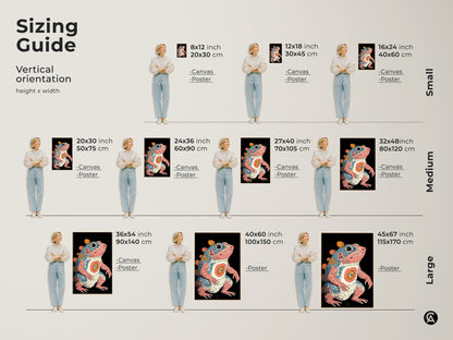 Sizing guide for vertical psychedelic frog artwork. Available in small medium and large sizes on canvas or poster. This retro creature print fits any space. The fantasy amphibian poster adds an eclectic touch. Find the perfect size for your unique wall art.