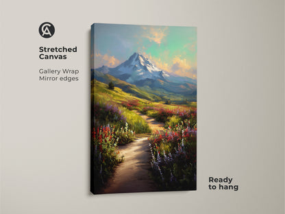 Stretched canvas featuring a painterly mountain path. Wildflower field wall art adds a touch of nature to your space. Ready to hang gallery wrap with mirror edges. Ideal decor for outdoor lovers.
