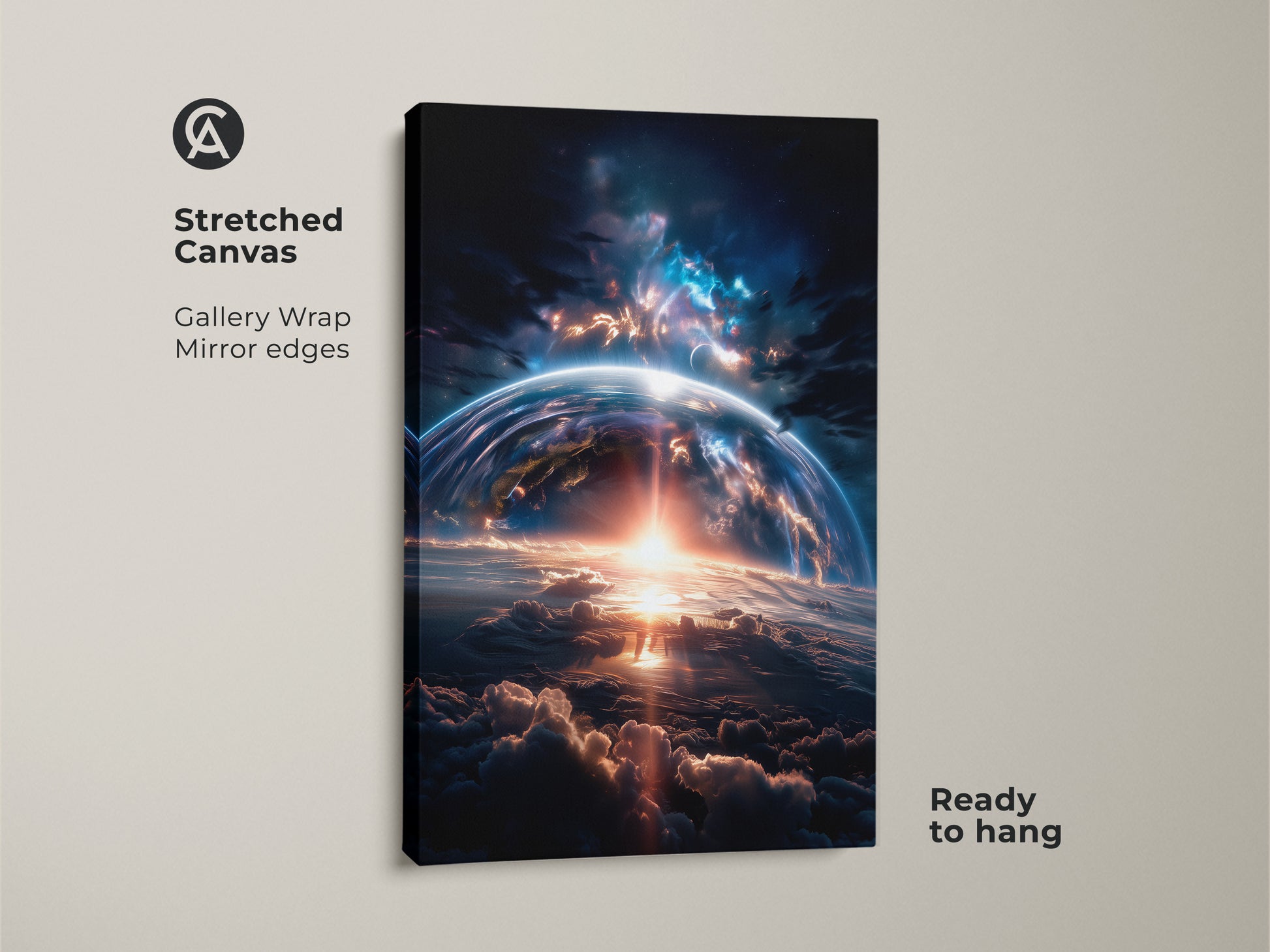 Stretched canvas artwork featuring a stunning earthrise scene. Gallery wrap with mirrored edges creates a modern look. The sun's rays burst through clouds in this ready-to-hang piece. Elevate your space with this celestial-inspired artwork.