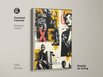 Framed Canvas Graffiti Woman Face artwork. Floating frame in white highlights the urban collage. Yellow black eclectic colors create a modern look. Ready to hang it brightens any room.