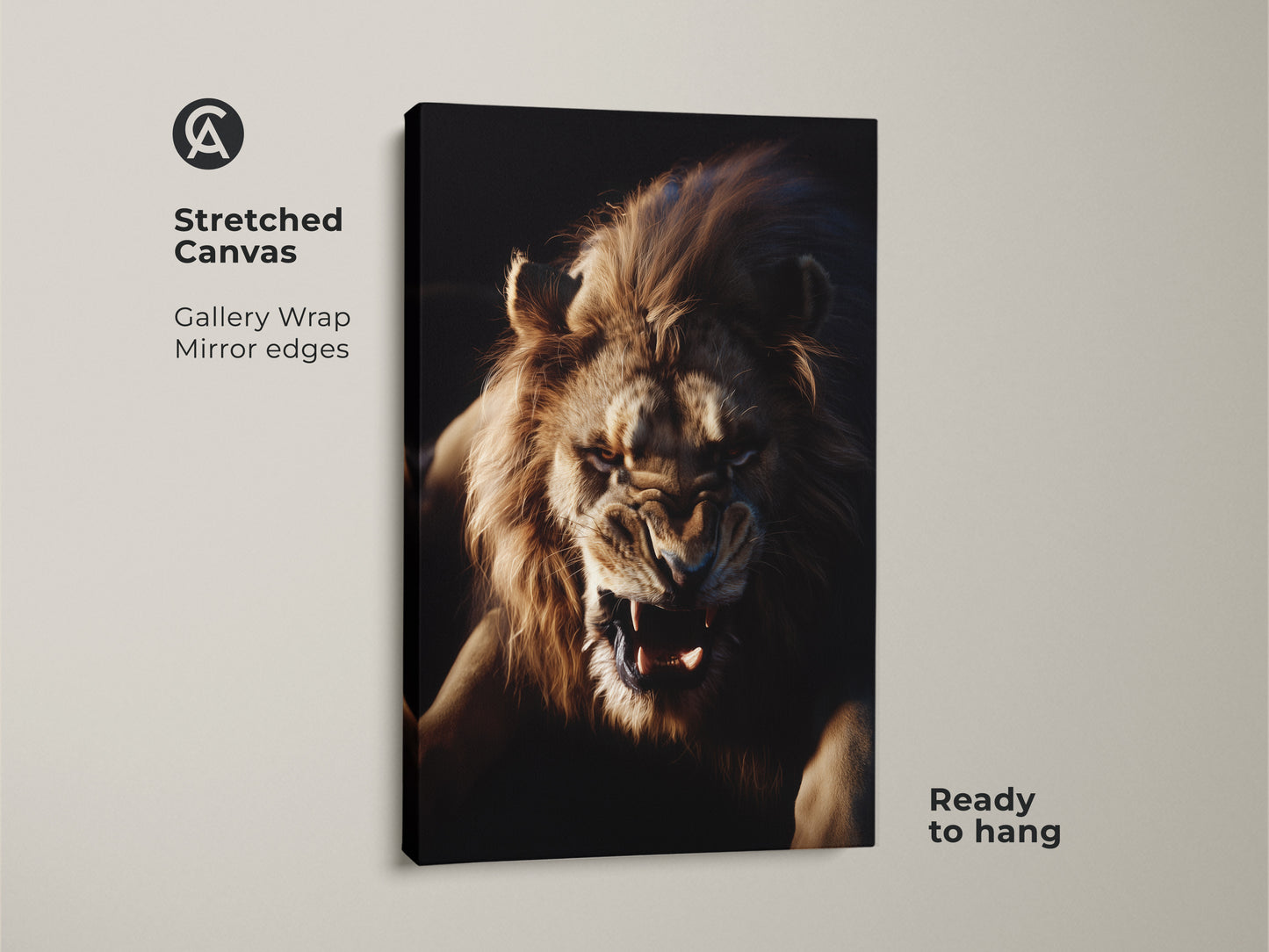 Aggressive Lion Face Wall Art on Stretched Canvas. This Wildlife Animal Poster Decor features a gallery wrap with mirrored edges. The golden brown amber lion art is ready to hang. Perfect as modern wildlife home decor or a mens birthday gift idea.