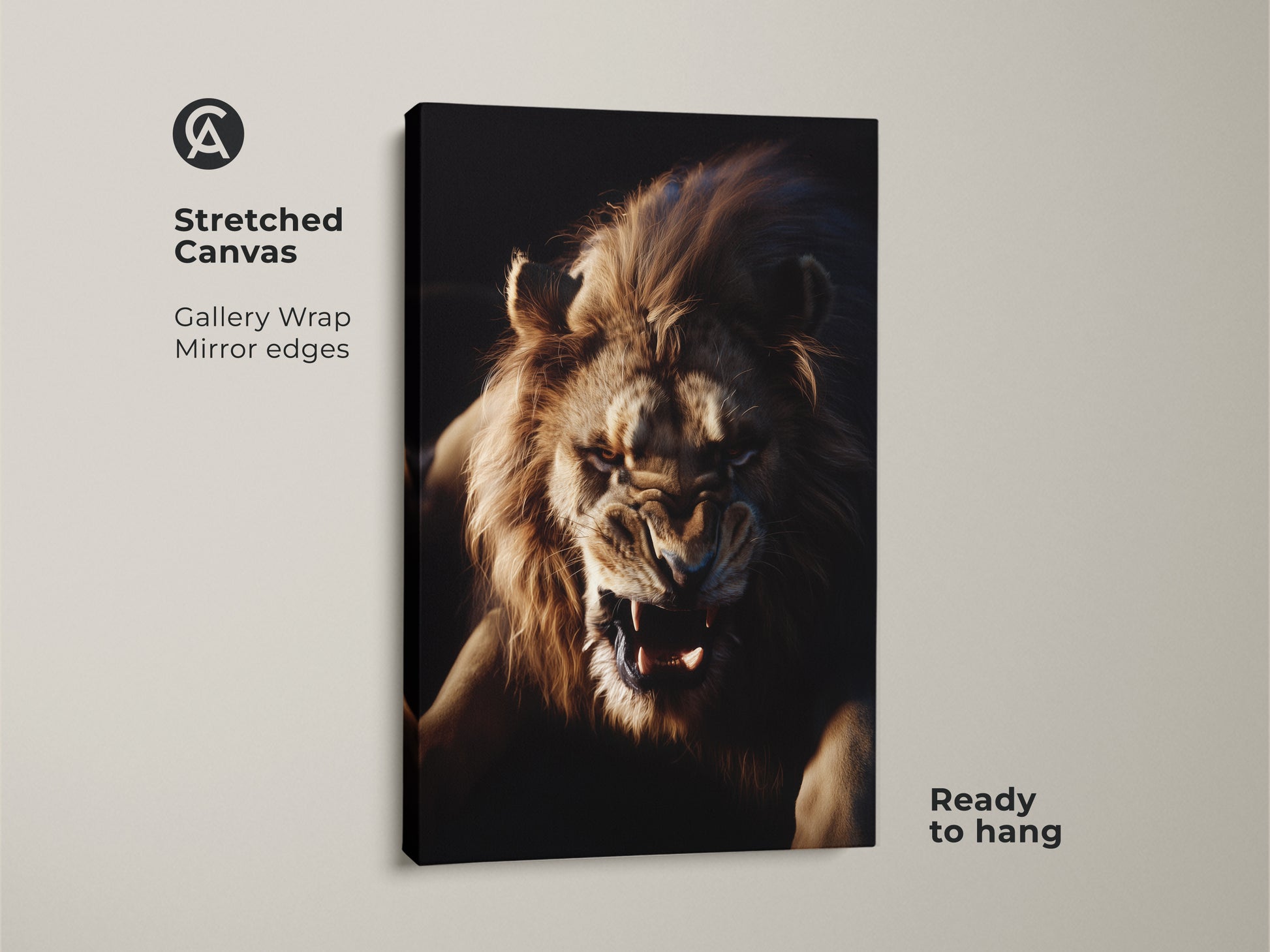 Aggressive Lion Face Wall Art on Stretched Canvas. This Wildlife Animal Poster Decor features a gallery wrap with mirrored edges. The golden brown amber lion art is ready to hang. Perfect as modern wildlife home decor or a mens birthday gift idea.