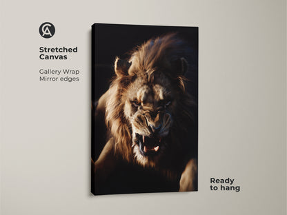 Aggressive Lion Face Wall Art on Stretched Canvas. This Wildlife Animal Poster Decor features a gallery wrap with mirrored edges. The golden brown amber lion art is ready to hang. Perfect as modern wildlife home decor or a mens birthday gift idea.
