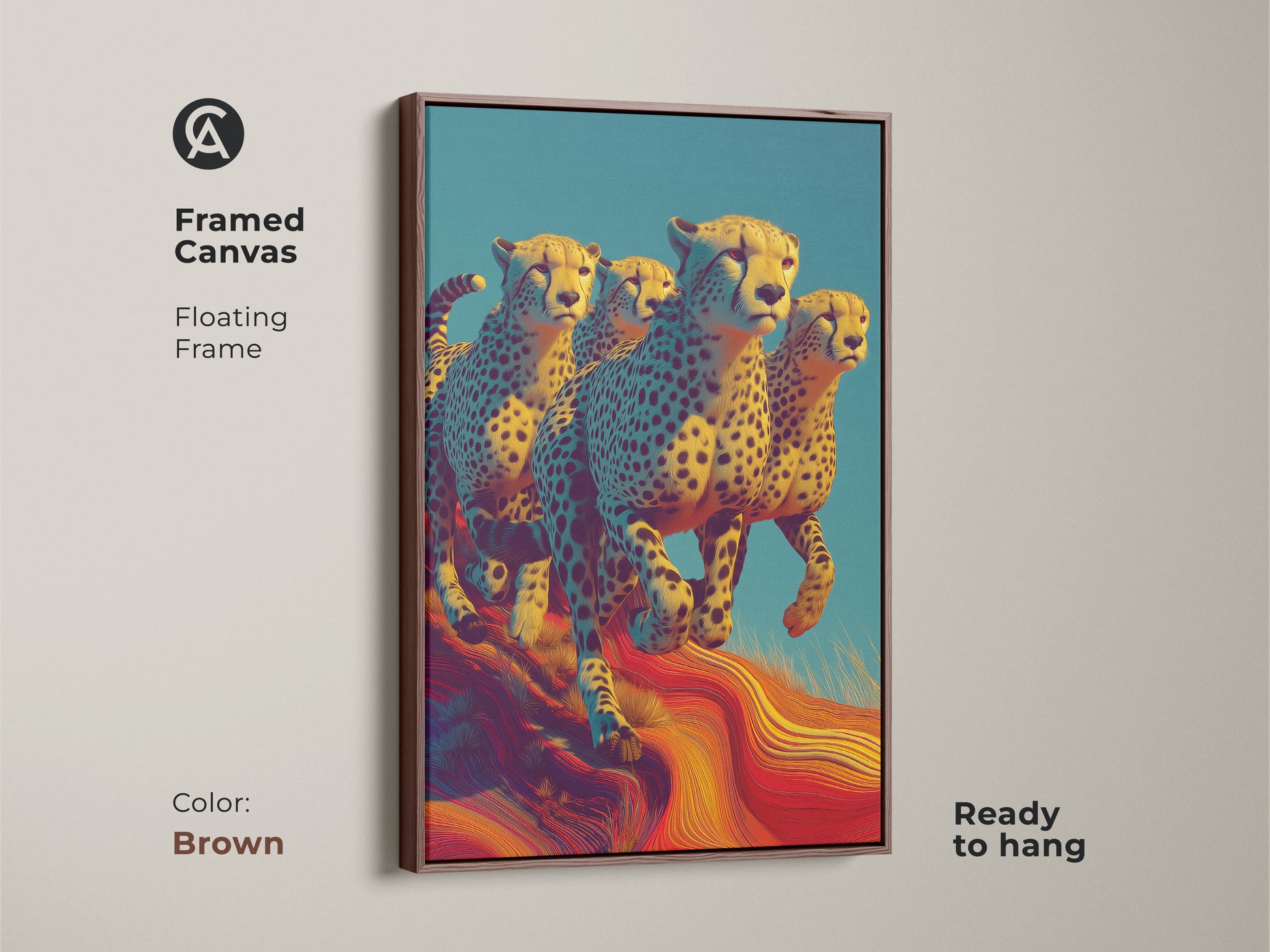 Framed canvas art featuring cheetahs running is ready to hang. This wildlife artwork has a floating frame with a brown finish. The yellow blue and red colors create a striking animal print. This eclectic home decor piece is perfect for any room. It is a housewarming gift.