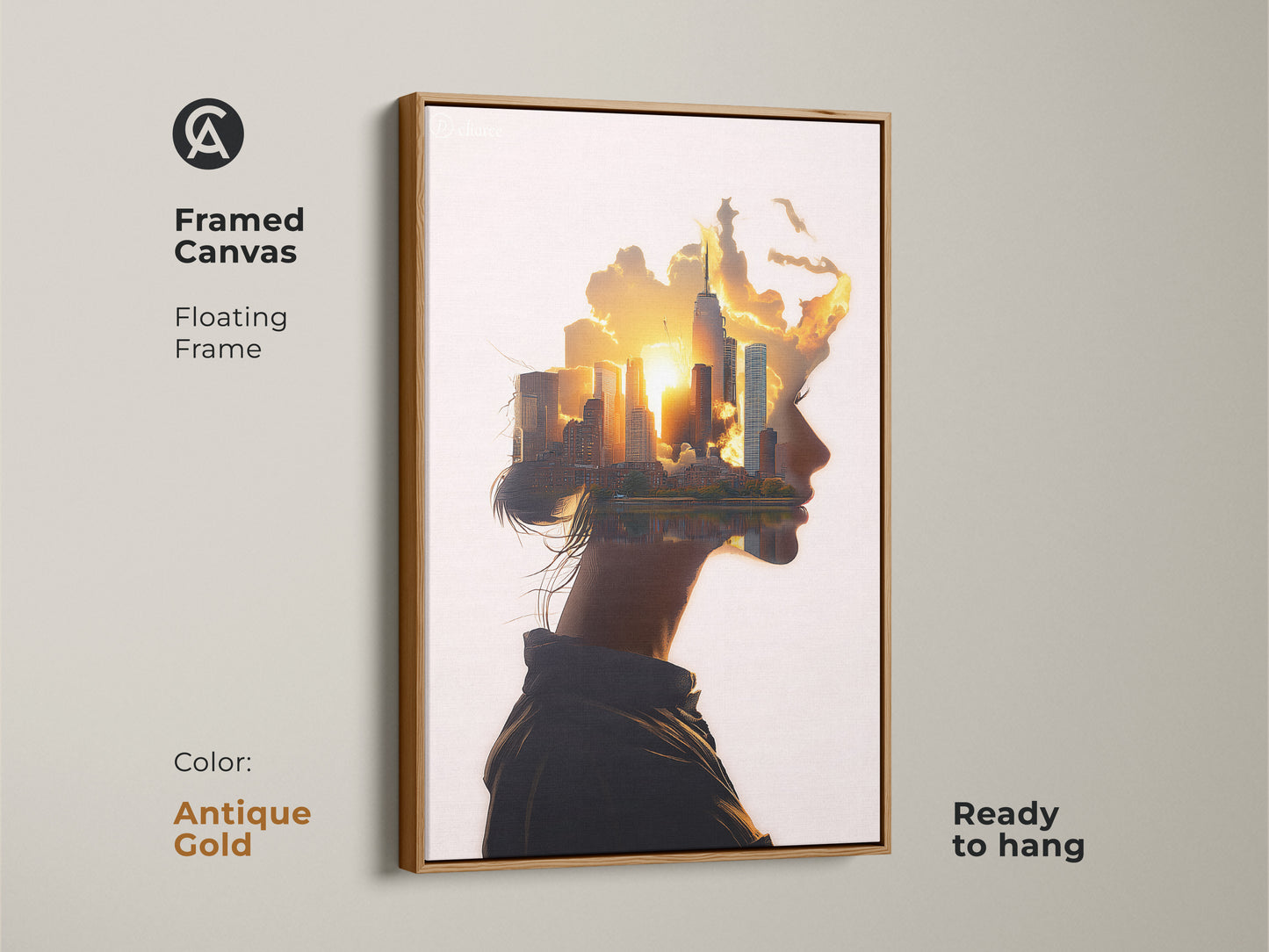 Framed canvas floating frame in antique gold featuring woman profile cityscape art. Abstract surreal wall art is ready to hang. Conceptual urban landscape canvas in orange yellow gold. Contemporary art for modern bedroom wall decor or contemporary office art. Unique housewarming gift.