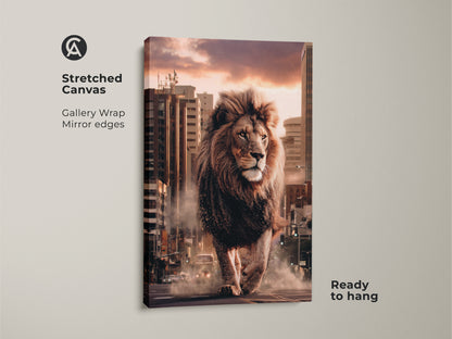 Close up of the lion walking cityscape canvas. This urban wildlife wall art makes a contemporary animal print. It is great as office wall decor or as art for animal lovers. Buy a big cat canvas now.