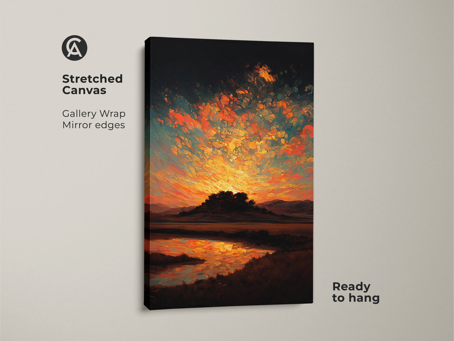 A stretched canvas art print of an impressionistic sunset. The gallery wrap features mirror edges. The artwork is ready to hang. The canvas showcases orange yellow and teal hues.