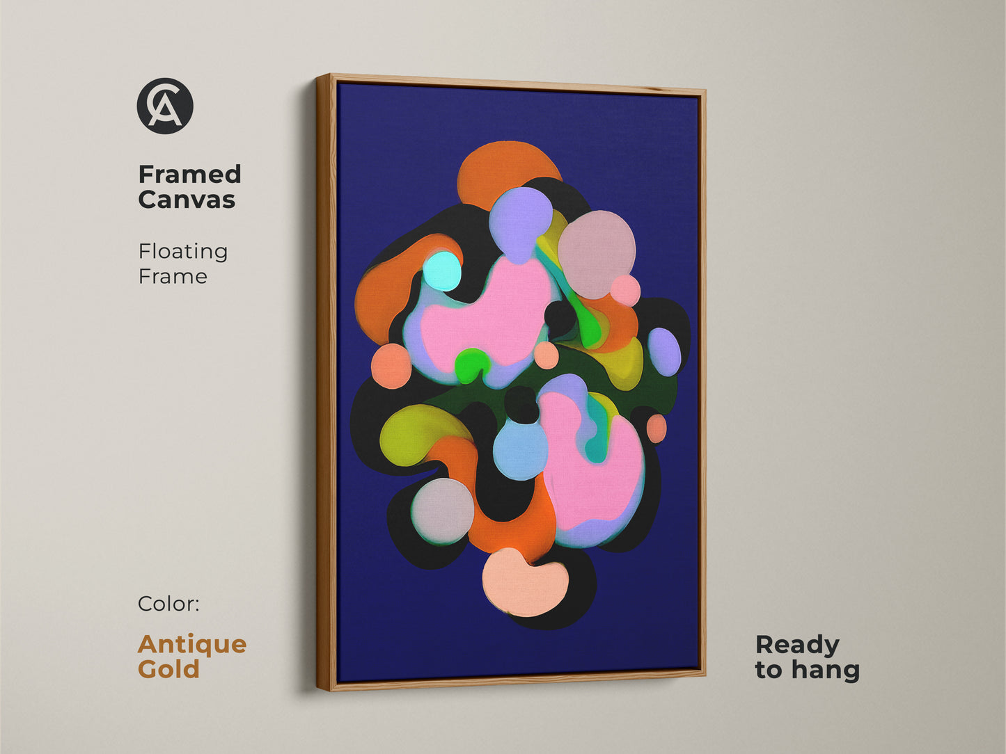 Framed canvas with a floating frame in antique gold showcasing abstract art. The modern artwork features geometric shapes in colors like indigo pink and green. Ready to hang this contemporary print adds a touch of sophistication to any room's wall decor.