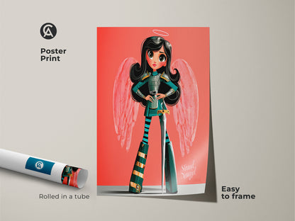 The poster print is easy to frame. It showcases a modern cartoon style angel warrior against a coral background. A unique fantasy poster for a gamer girl's bedroom wall or a children's room artwork.