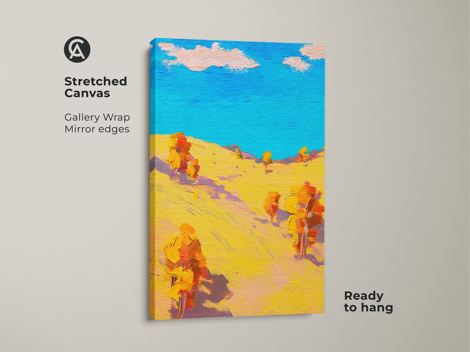 A stretched canvas showcases an abstract landscape canvas print. The boho trees wall art displays a colorful nature scene ready to hang. Enhance your home office artwork with this unique piece.