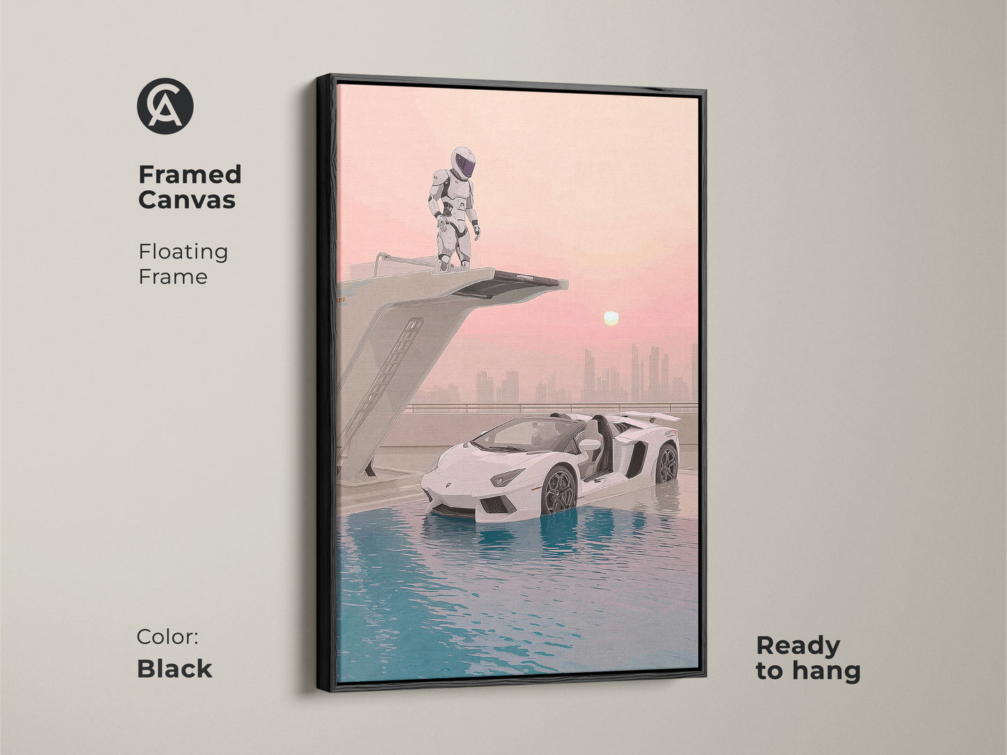 Framed canvas of surreal astronaut supercar art. Black floating frame enhances this futuristic sci-fi piece. The teal pink blue artwork adds a modern touch. This office wall decor arrives ready to hang. Ideal gift for car enthusiasts. Perfect for a car lover.