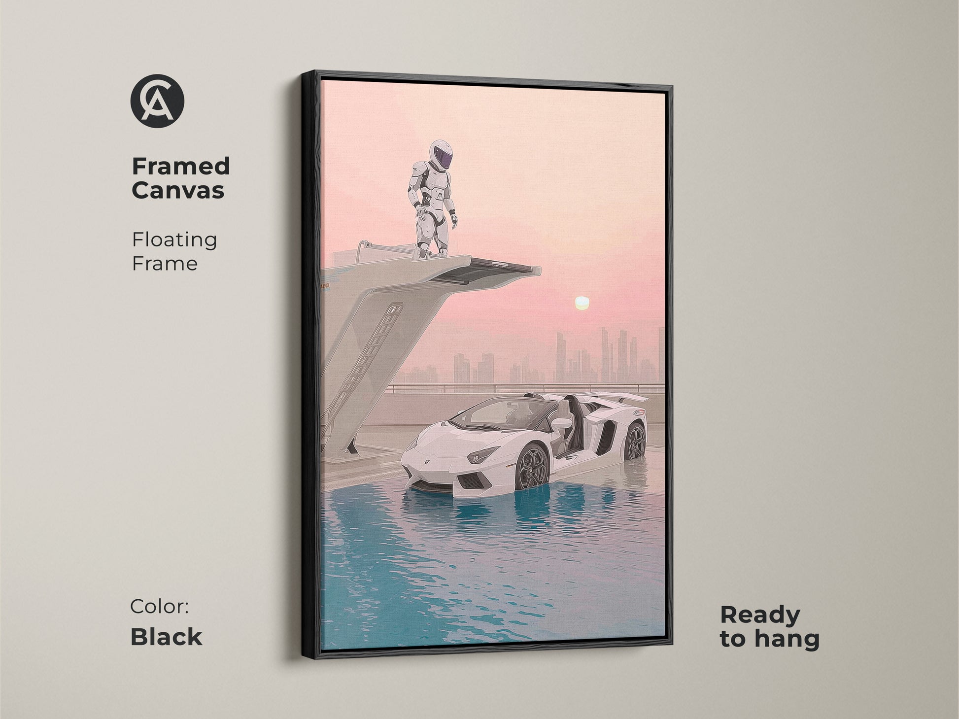 Framed canvas of surreal astronaut supercar art. Black floating frame enhances this futuristic sci-fi piece. The teal pink blue artwork adds a modern touch. This office wall decor arrives ready to hang. Ideal gift for car enthusiasts. Perfect for a car lover.
