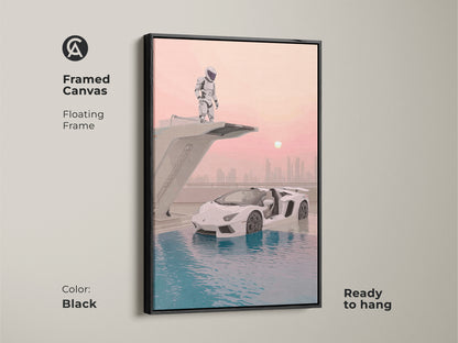 Framed canvas of surreal astronaut supercar art. Black floating frame enhances this futuristic sci-fi piece. The teal pink blue artwork adds a modern touch. This office wall decor arrives ready to hang. Ideal gift for car enthusiasts. Perfect for a car lover.
