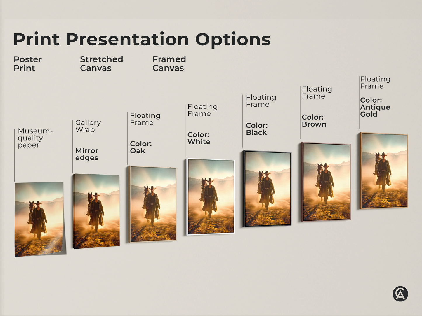 Explore our print presentation options featuring a cowboy and horse canvas art. Choose from poster print stretched canvas and framed canvas. Each art piece captures a rustic Western scene with golden yellow and dusty orange tones. Perfect for any room decor style.