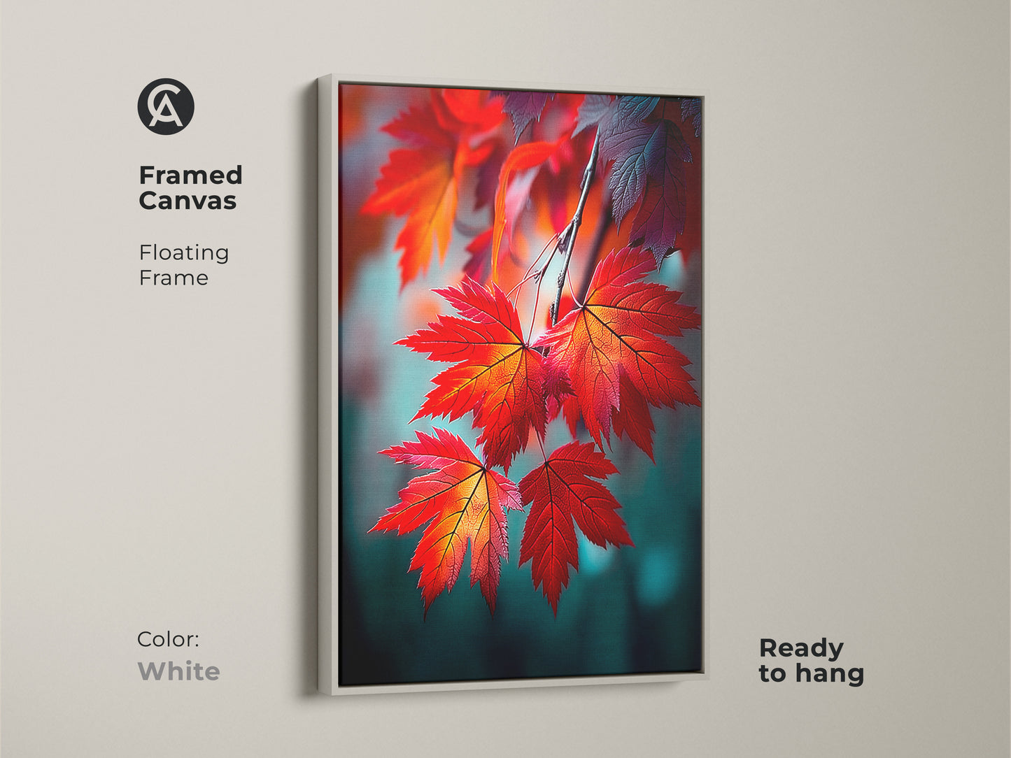 Red maple leaves artwork in a white floating frame. The framed canvas is a modern and clean art piece ready to hang. The artwork brightens up any space with its minimalist style and natural subject.