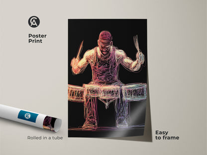 Get your abstract drummer artwork as a poster print that's easy to frame. The energetic line art captures the colorful musician in motion. See the vibrant hues of red pink yellow and purple. This abstract line art poster is perfect for music rooms studios or any space needing a rhythmic touch. A thoughtful gift for any drummer boy.