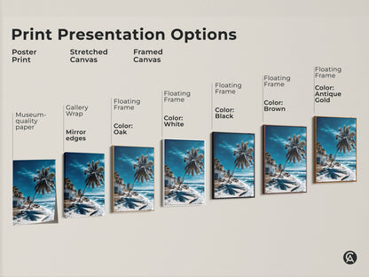 Explore print presentation options for beach artwork. Choose from poster prints stretched canvas or framed canvas. Each option showcases a beautiful beach scene. Find the perfect style for your space.