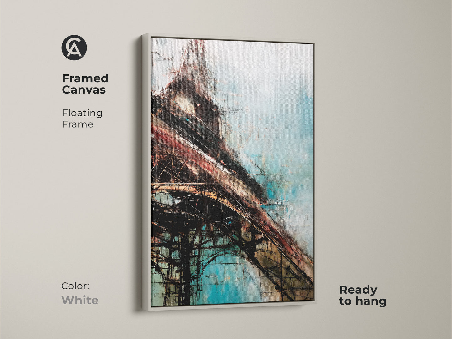 Framed abstract construction artwork in a floating white frame. Contemporary canvas art featuring shades of blue brown and teal. An elegant ready to hang piece for modern interiors.
