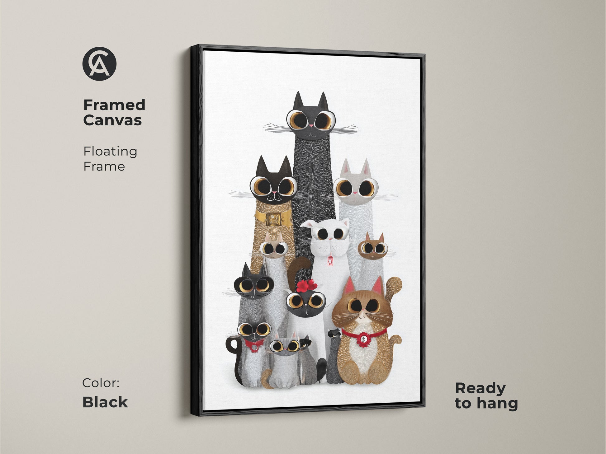 Black framed canvas of cute cat art. This whimsical animal wall art features a floating frame. Ready to hang this eclectic cat family poster is a purrfect cat dad present idea. Add some fun to your home decor.