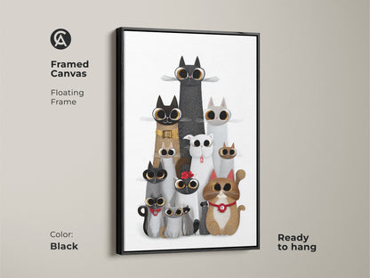 Black framed canvas of cute cat art. This whimsical animal wall art features a floating frame. Ready to hang this eclectic cat family poster is a purrfect cat dad present idea. Add some fun to your home decor.