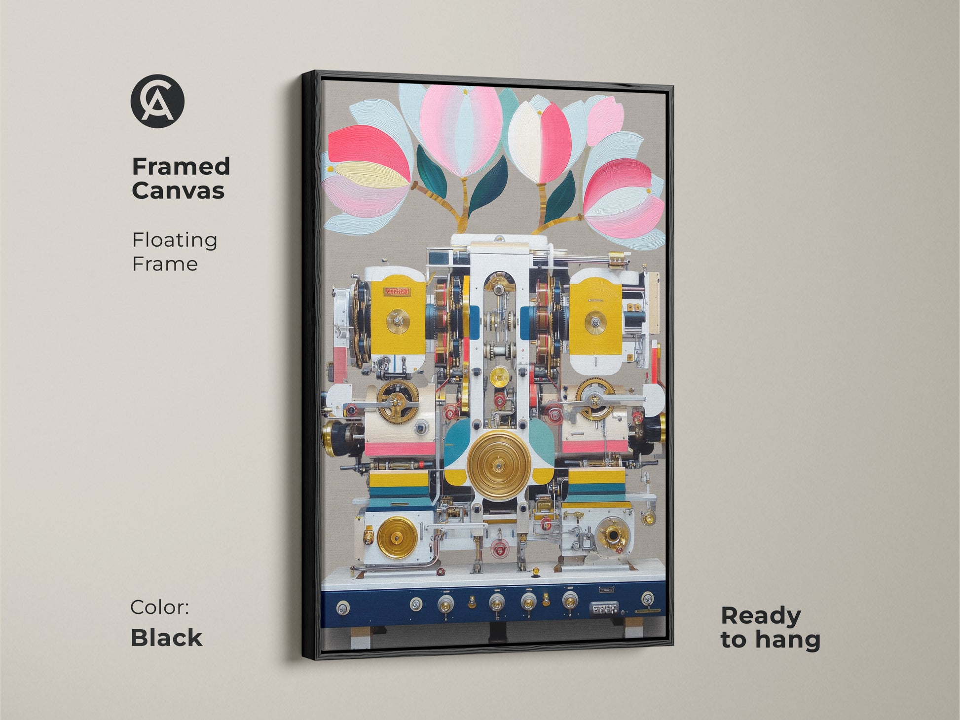 Black framed canvas of surreal machine art print. This steampunk abstract canvas wall artwork is ready to hang. Floating frame showcasing the yellow teal design. The mechanical floral artwork brings an eclectic touch to any space. Perfect as office industrial art or a unique housewarming gift for art lovers.